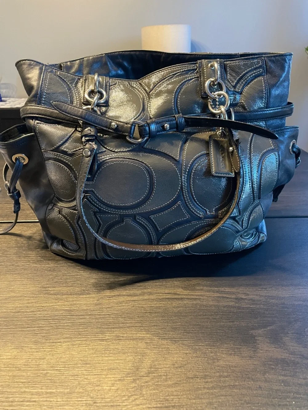 Coach Colette Black Leather Shoulder Bag with Signature Circle Appliqué